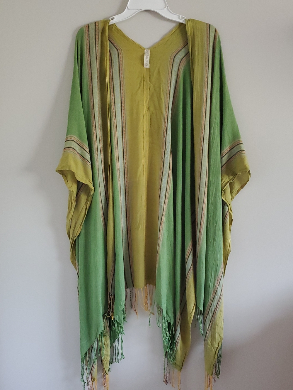 Matahari Mustard and Light Green Striped Fringe Open Front Kimono Boho Hippie